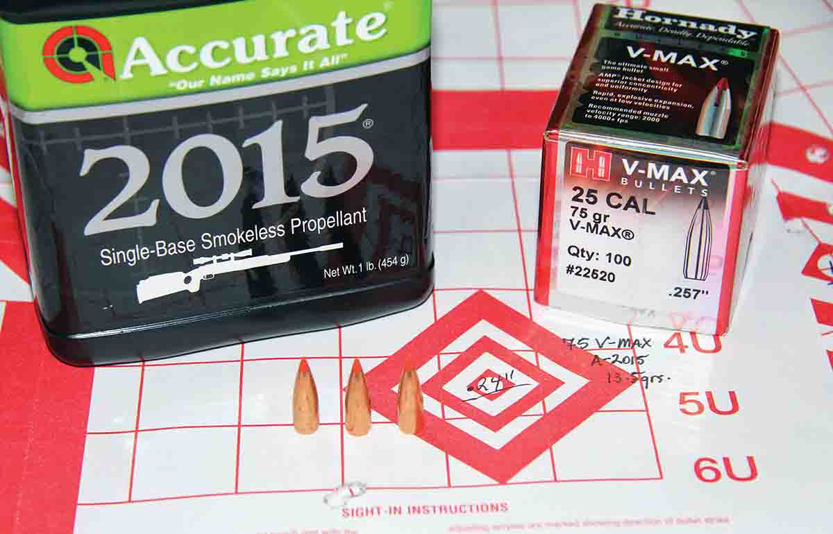 Accurate 2015 proved itself again with Hornady’s 75-grain V-MAX and 13.5 grains of powder, printing a tiny .24-inch, three-shot group at 75 yards while clocking 1,641 fps.